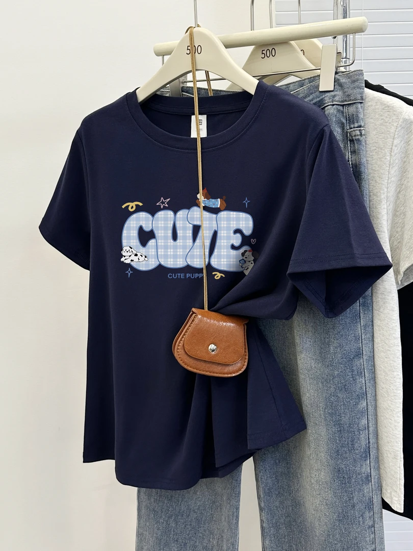 大码圆领正肩短袖t恤女胖mm2025夏季新款韩版ins洋气字母印花上衣