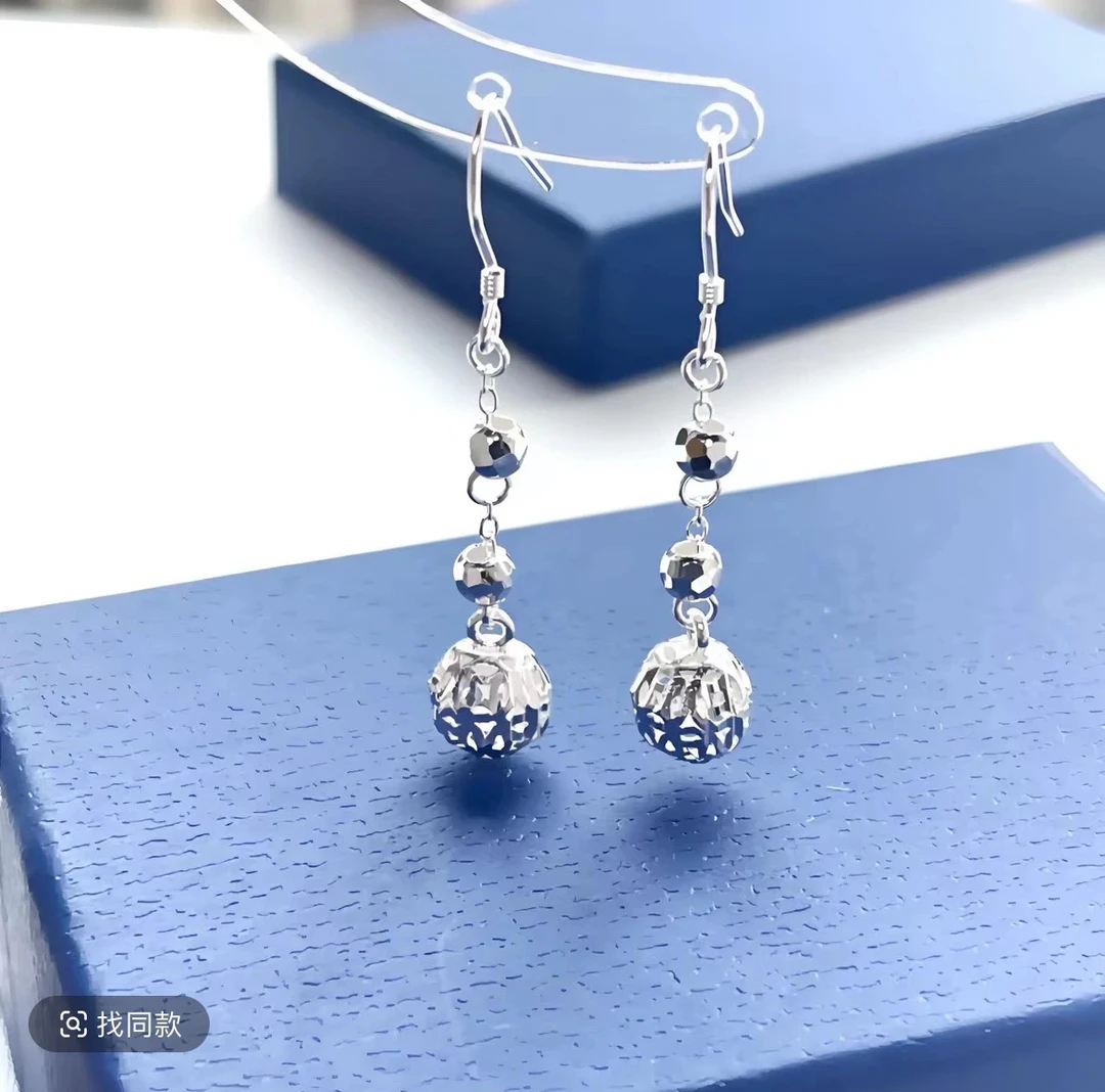 足银耳饰 足银镂空车花玲珑转运珠简约耳环