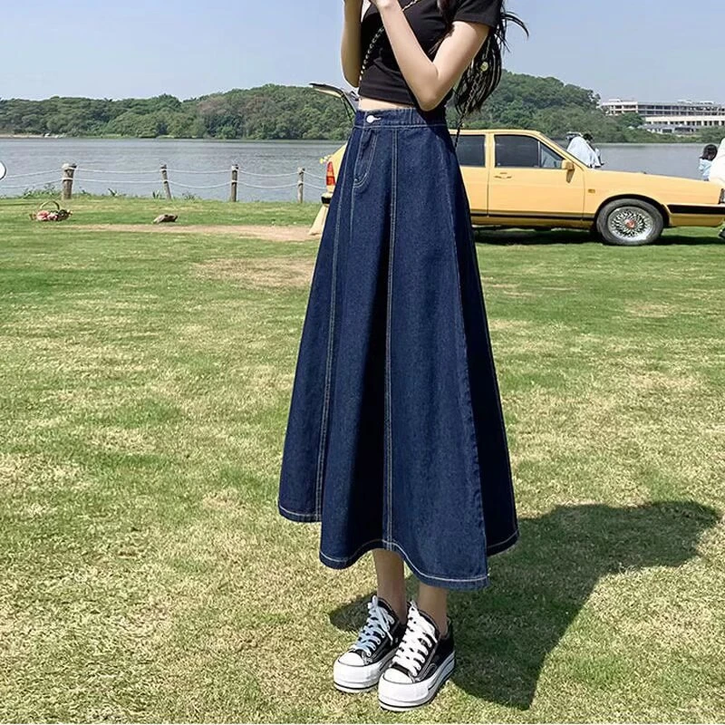 半身裙高腰半春夏女百搭牛仔A字裙长款粗遮大腿松紧梨形身材大码