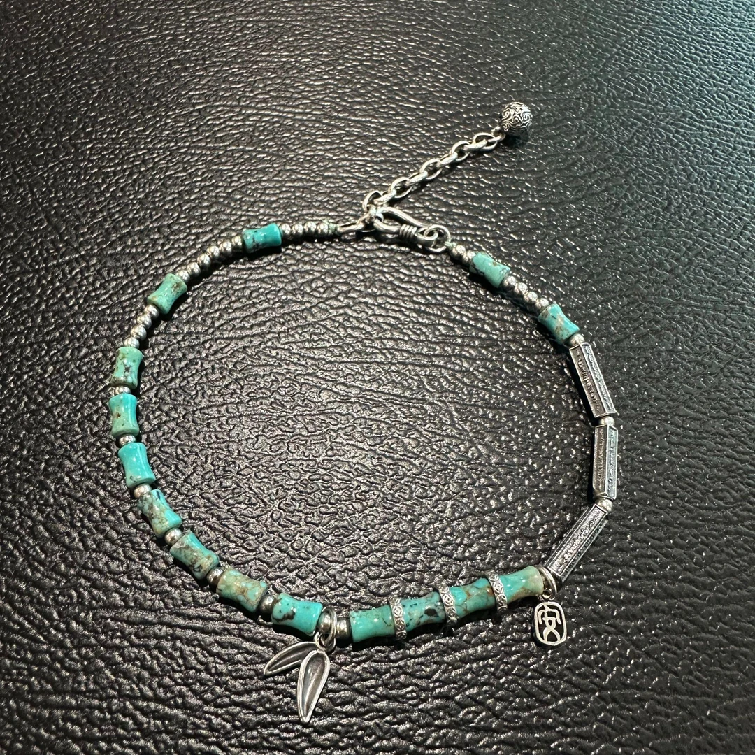 A00733  s925银绿色松松银珠平安经文管祥云珠尾坠脚链新中式百搭