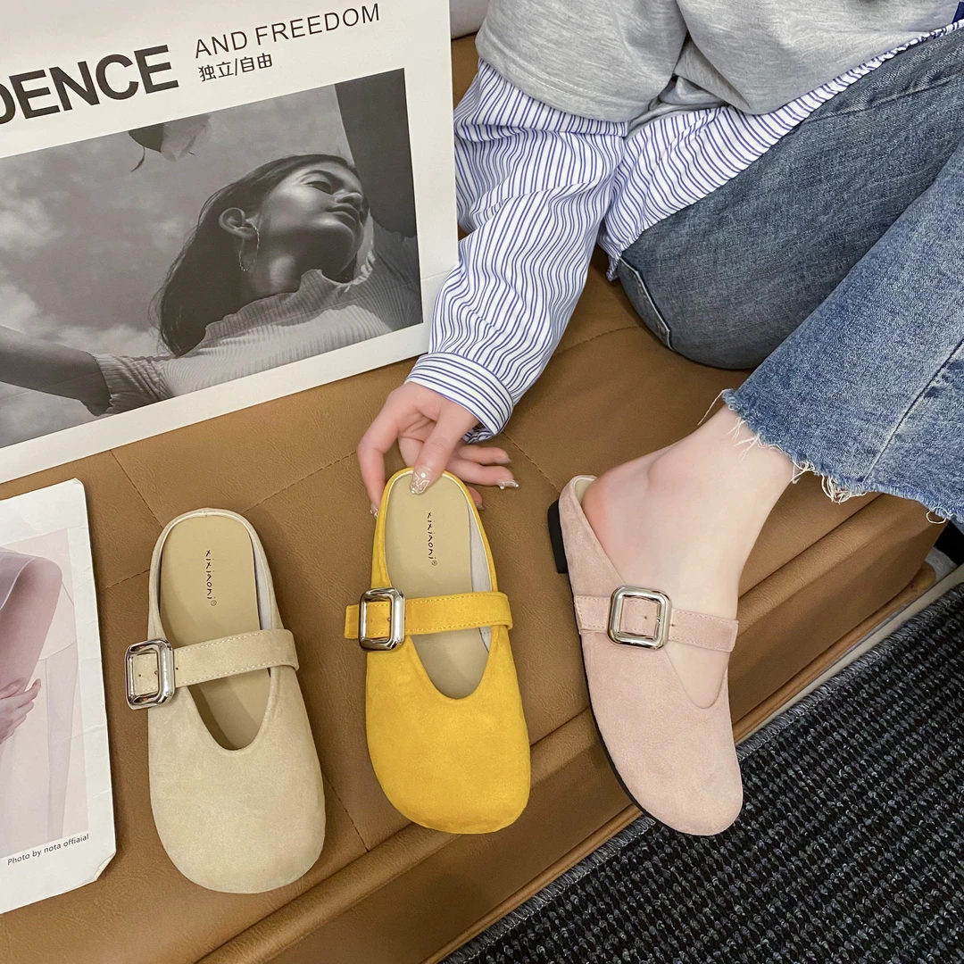 【谢亚平专属】复古软面2025时尚春季百搭平跟懒人半托鞋7112