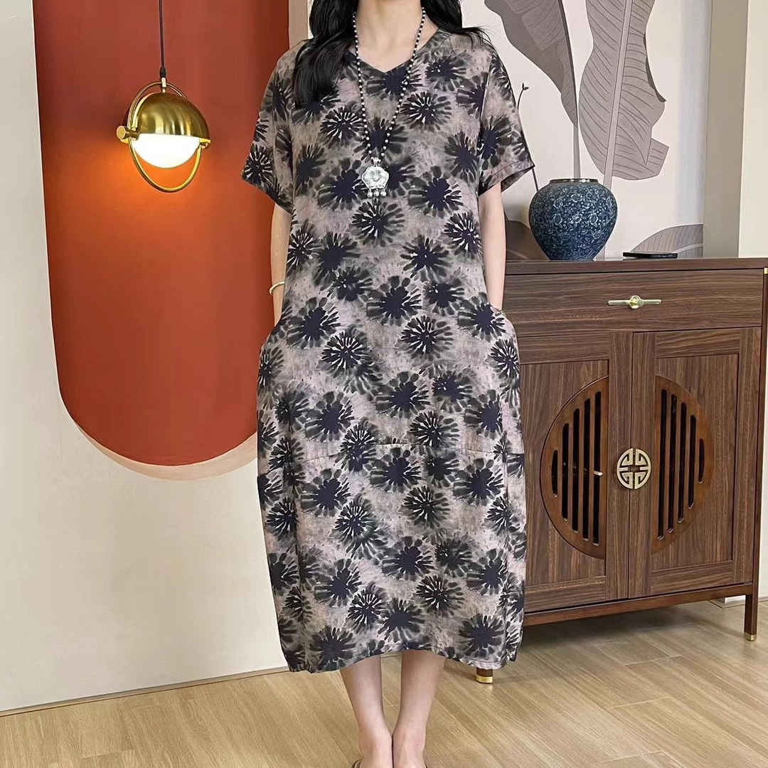 6700新品夏季清凉短袖V领中年妈妈连衣裙A字裙子洋气裙子