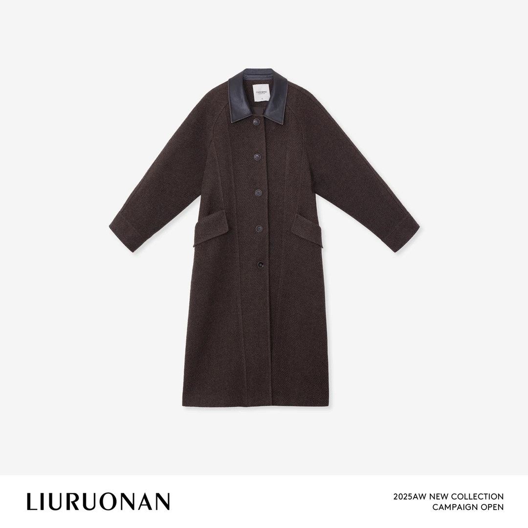LIURUONAN 25WIN【深焙棕大衣】拼接皮领羊毛单排扣长款毛呢外套女