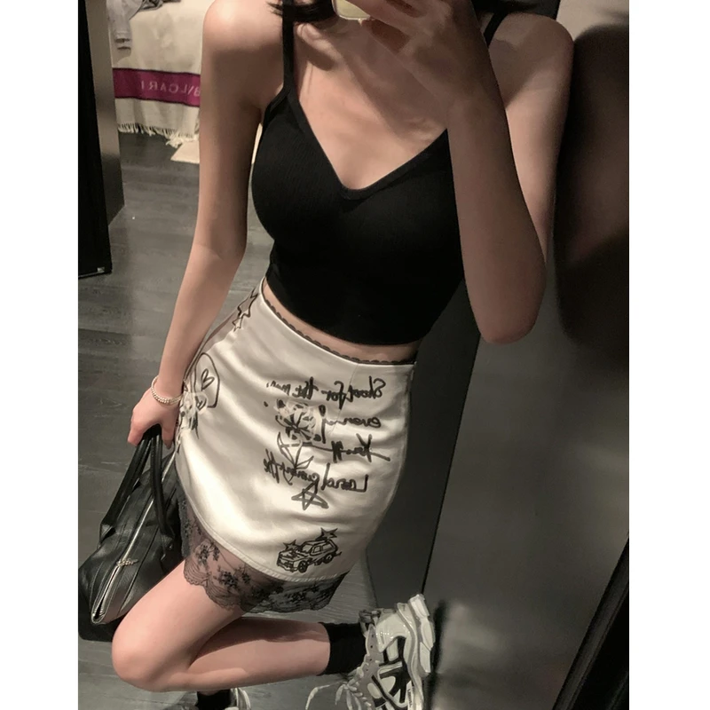 【涂鸦少女】半身裙女夏季a字裙显瘦小个子垂感缎面短裙