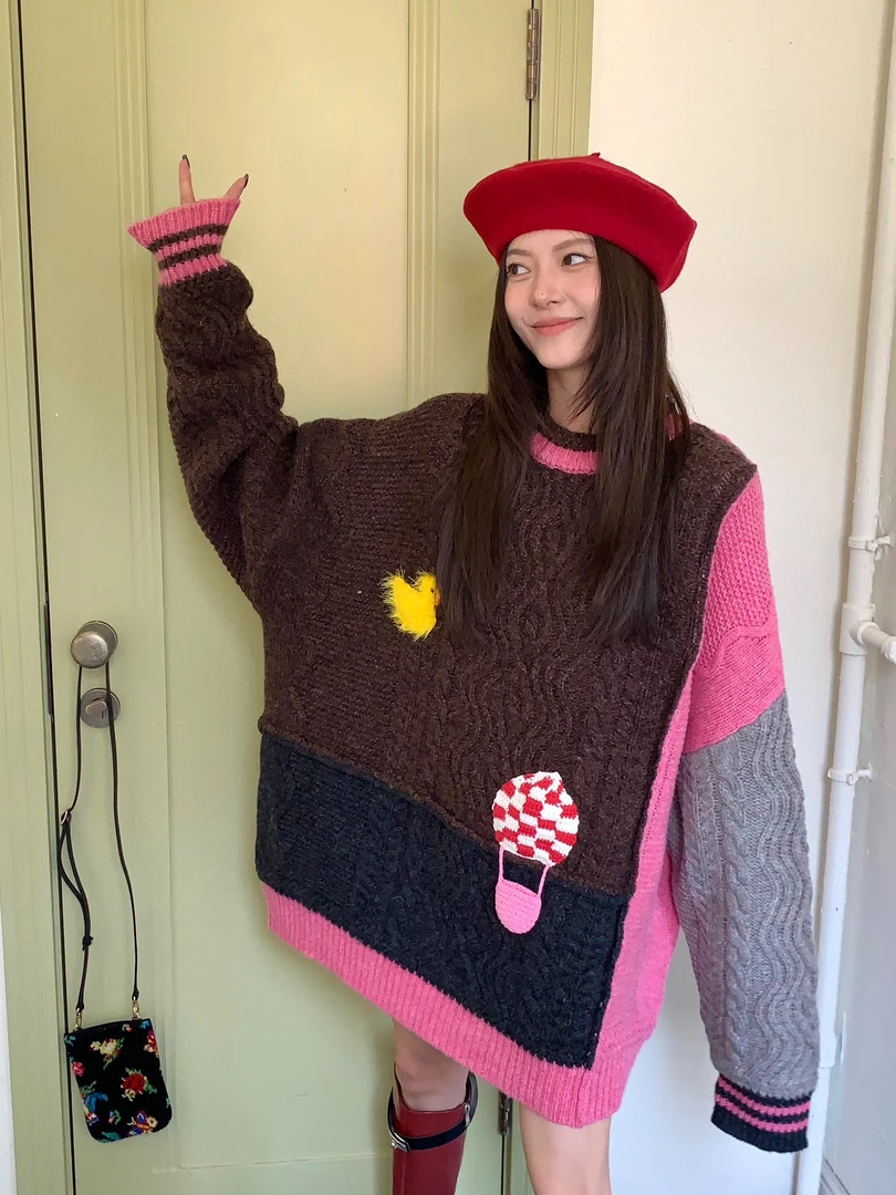 YANAG鸭子热气球乐园撞色绞花针织套头毛衣时尚休闲拼色宽松