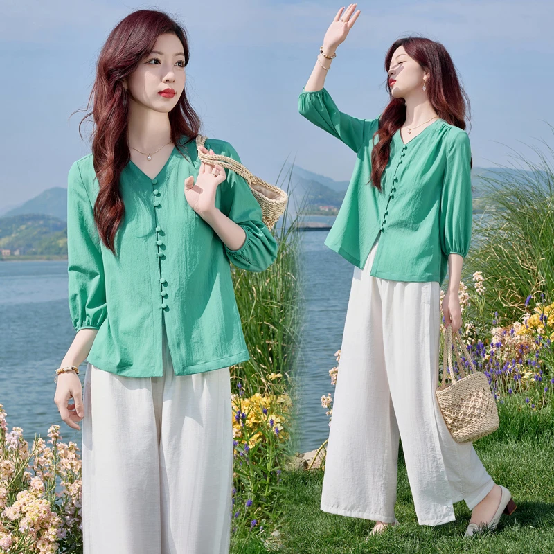 休闲风时尚套装2025上衣宽松女短袖夏季复古衬衫薄款洋气两件套