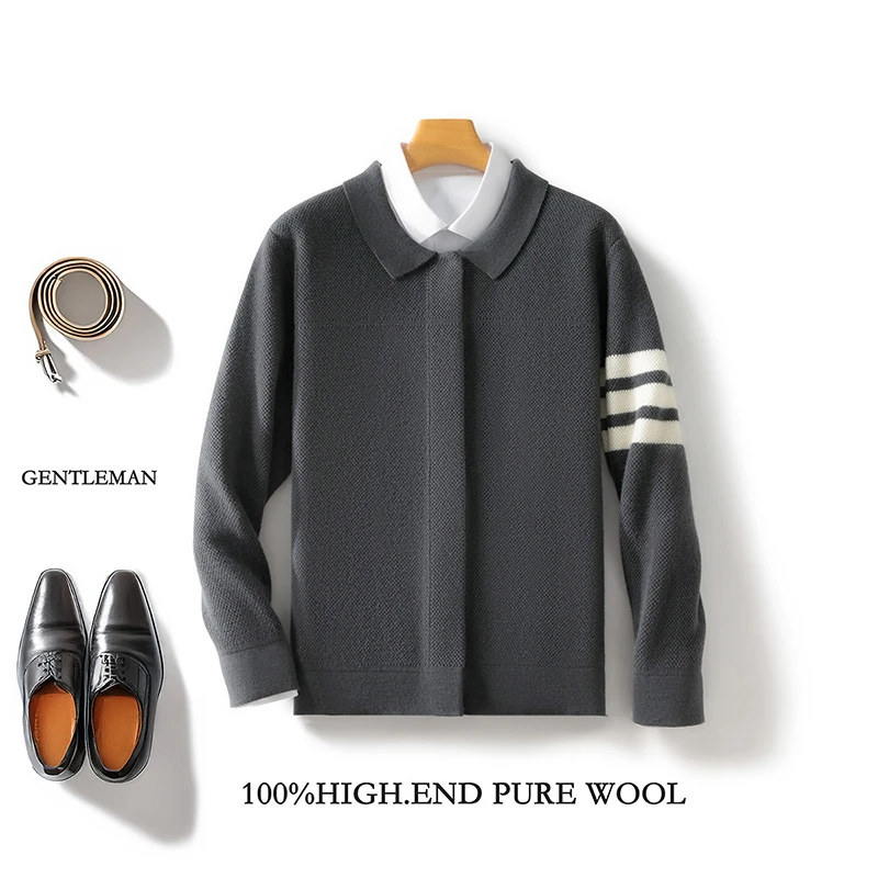 男士100澳洲羊毛小翻领POLO衫经典袖条纹加厚休闲针织外套
