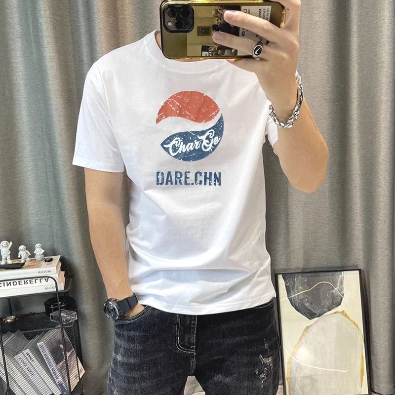 欧洲站潮流男士丝光棉短款T恤青年修身时尚印花透气半袖体恤衫男t