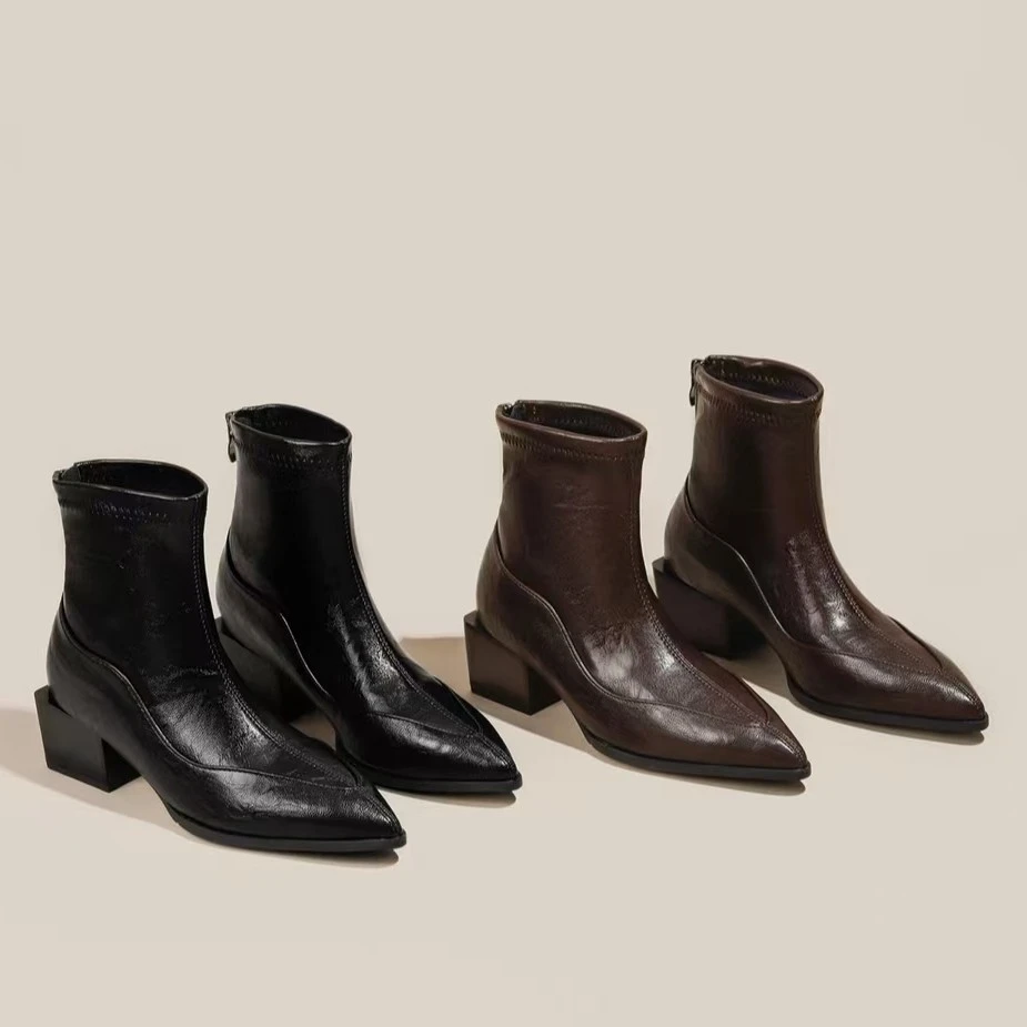 爆款尖头低跟切尔西靴2025年新款羊皮瘦瘦靴中帮明星同款百搭鞋子