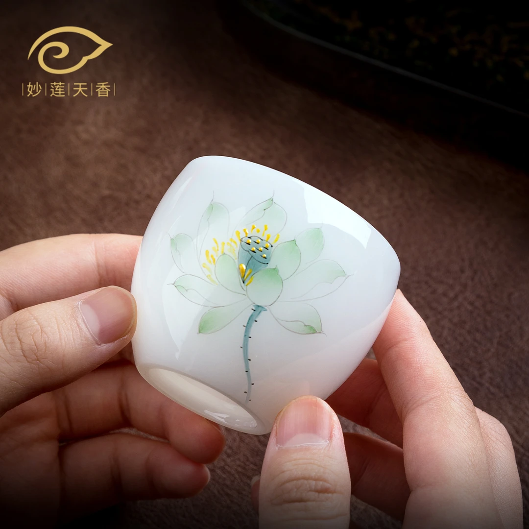 妙莲天香手绘荷花冰种玉瓷主人杯单杯陶瓷家用茶具茶杯厂家直销