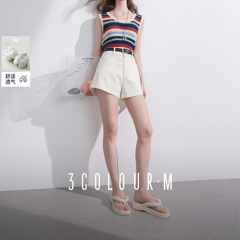 三彩2025夏季新款休闲白色牛仔裤短裤收腰直筒裤显瘦热裤时尚M