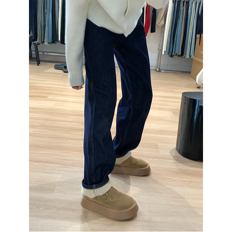 深蓝色窄版阔腿牛仔裤女2025秋季新款显高显瘦小个子穿搭直筒垂感