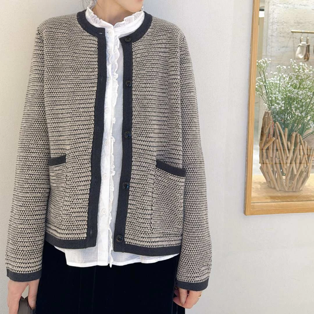 秋冬新款小香风女土针织绵羊毛开衫气质时尚简约圆领洋气女外套