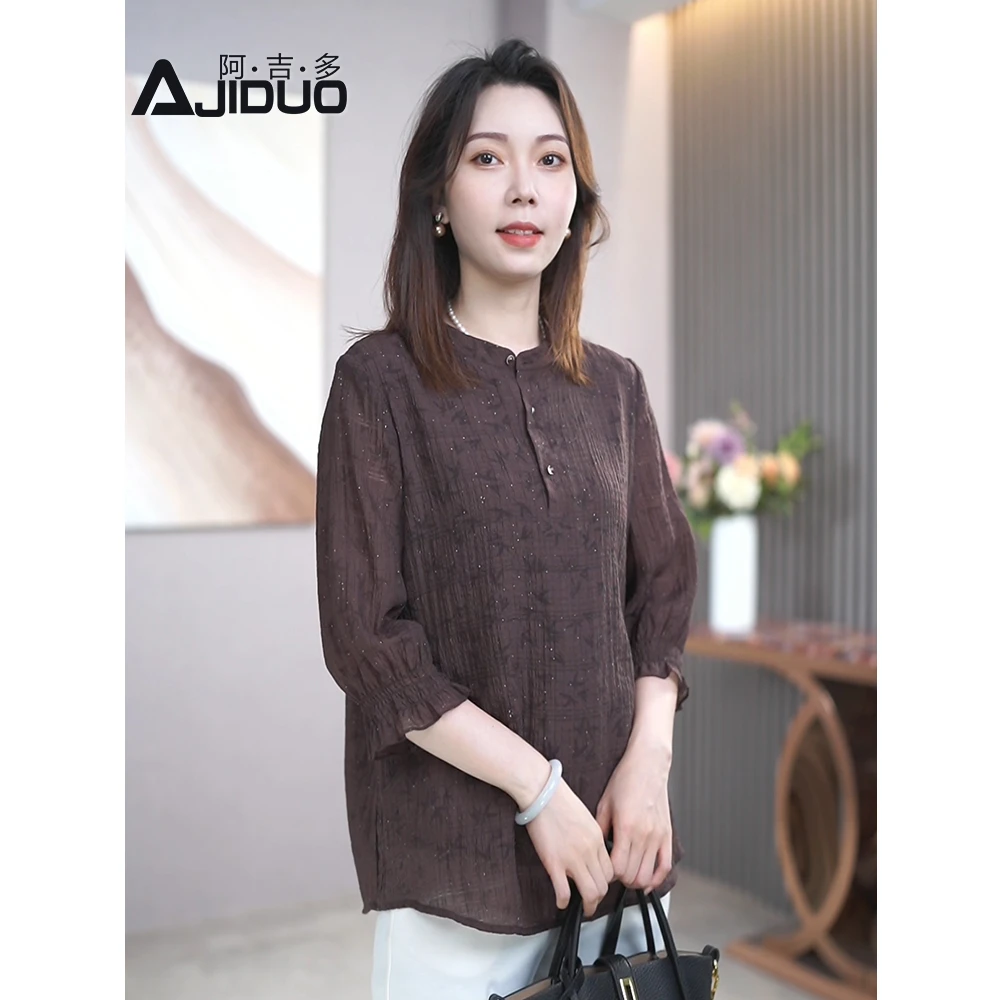 七分袖衬衫女夏季新款高级提花复古精致小衫大码妈妈装漂亮上衣