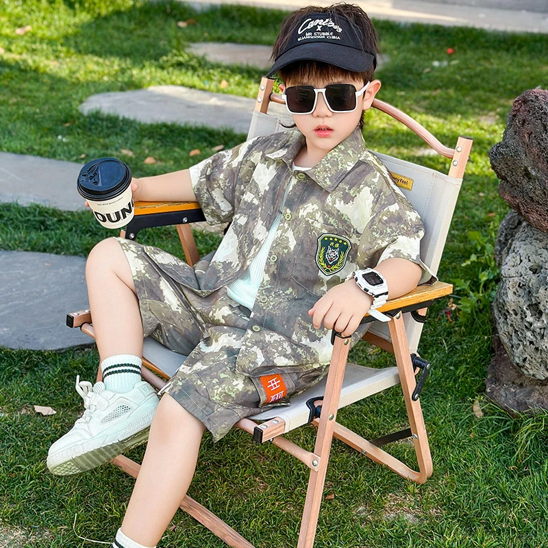 男童迷彩套装夏季2025新款洋气童装短袖衬衫儿童特种兵军训运动服