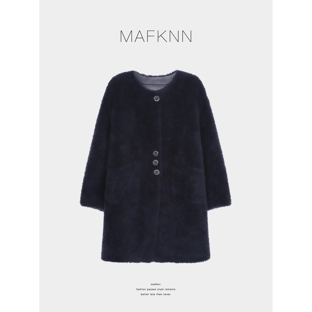 MAFKNN/玛肯时尚休闲简约纯色百搭冬季中长款毛呢大衣MK13512