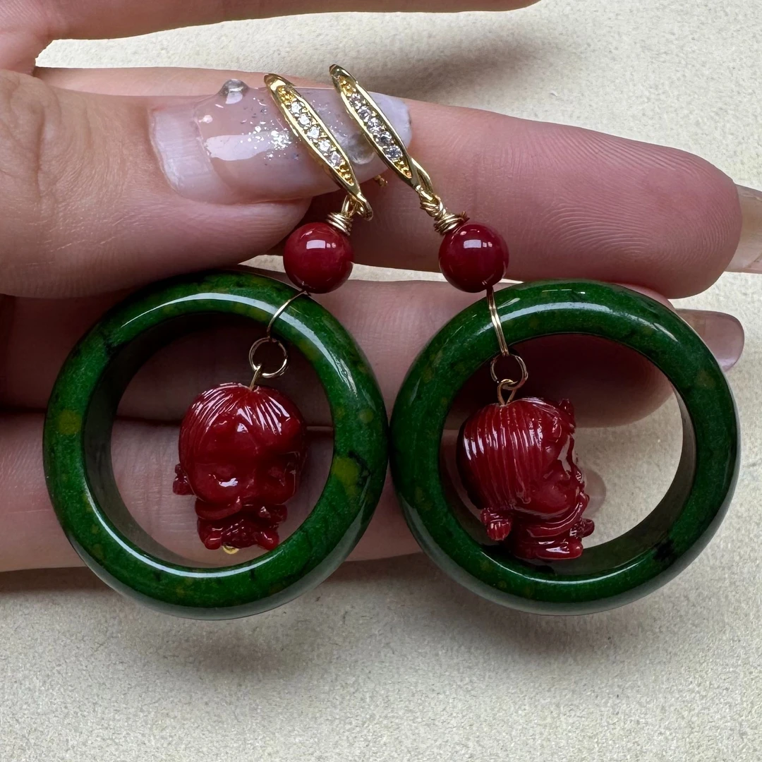 非金属珐琅耳饰 精致绿色 雕刻耳环 S442