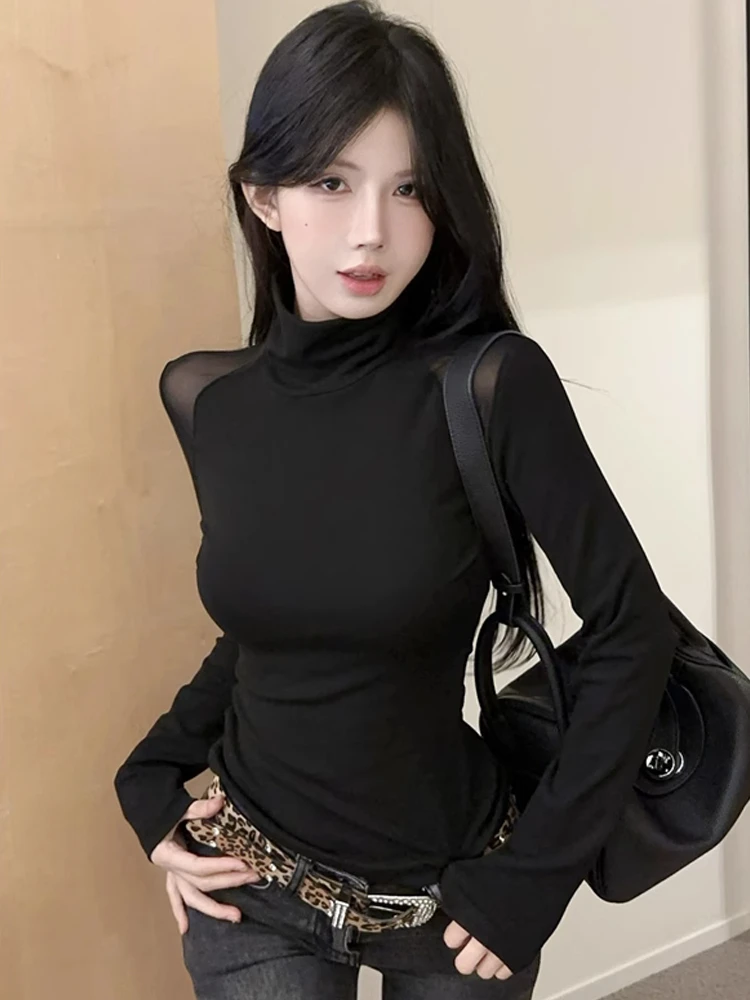 2025新款秋冬辣妹黑色高领打底衫女长袖t恤外穿内搭网纱修身上衣