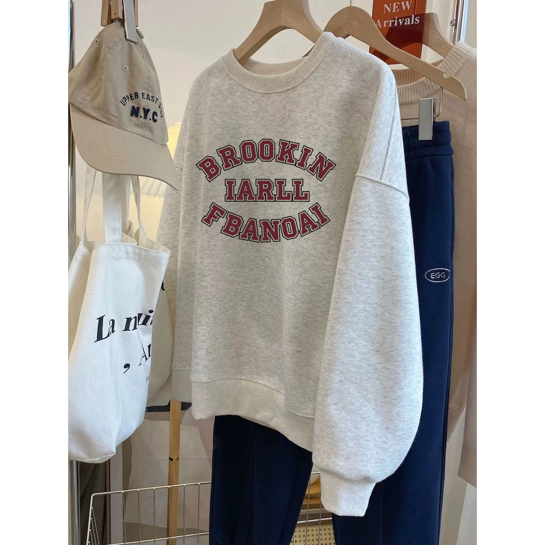 美式小个子洋气字母山东即墨卫衣女2025新款秋冬加绒加厚圆领上衣