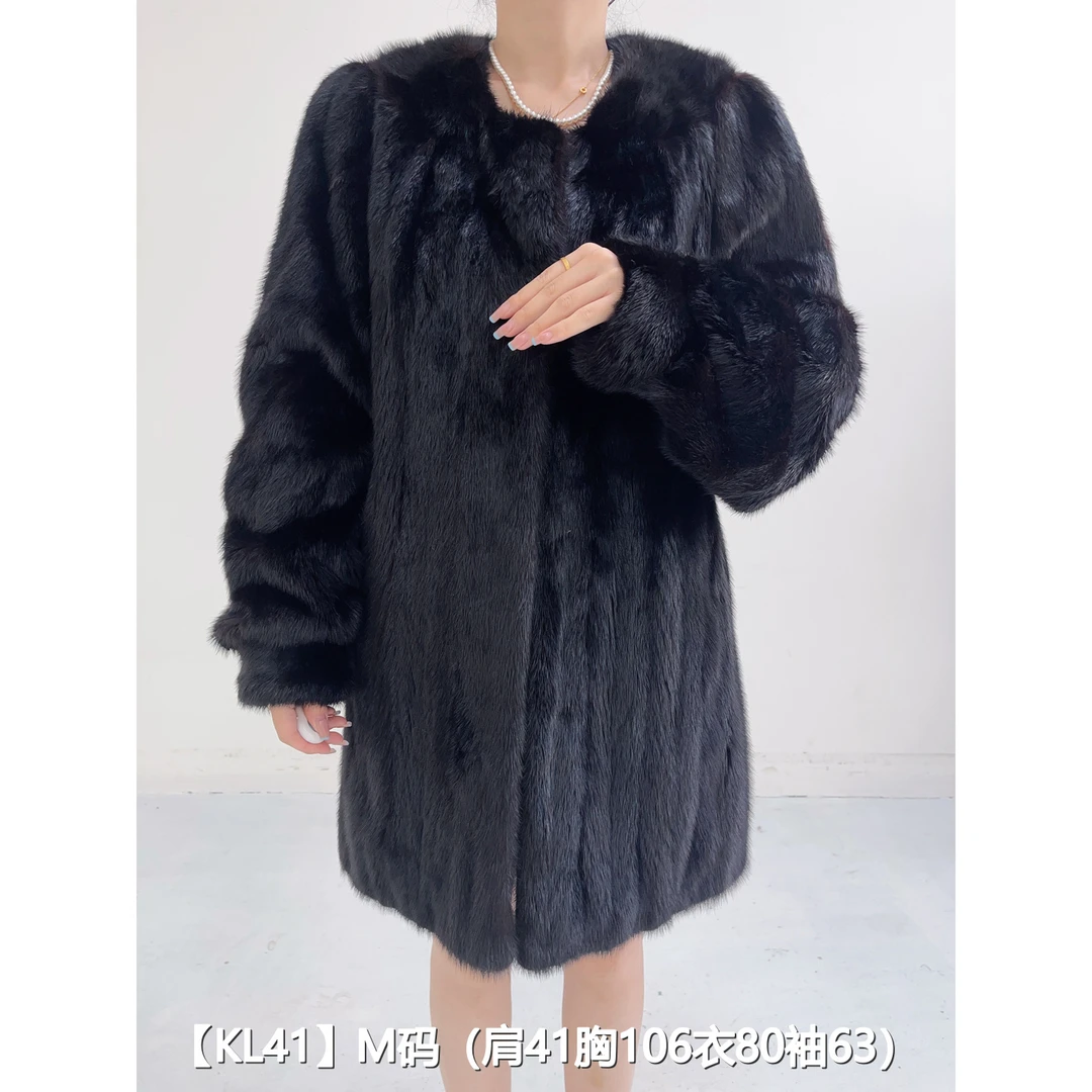 【KL41】M 红黑色中长款全抽貂皮水貂大衣女 圆领泡泡袖 35041