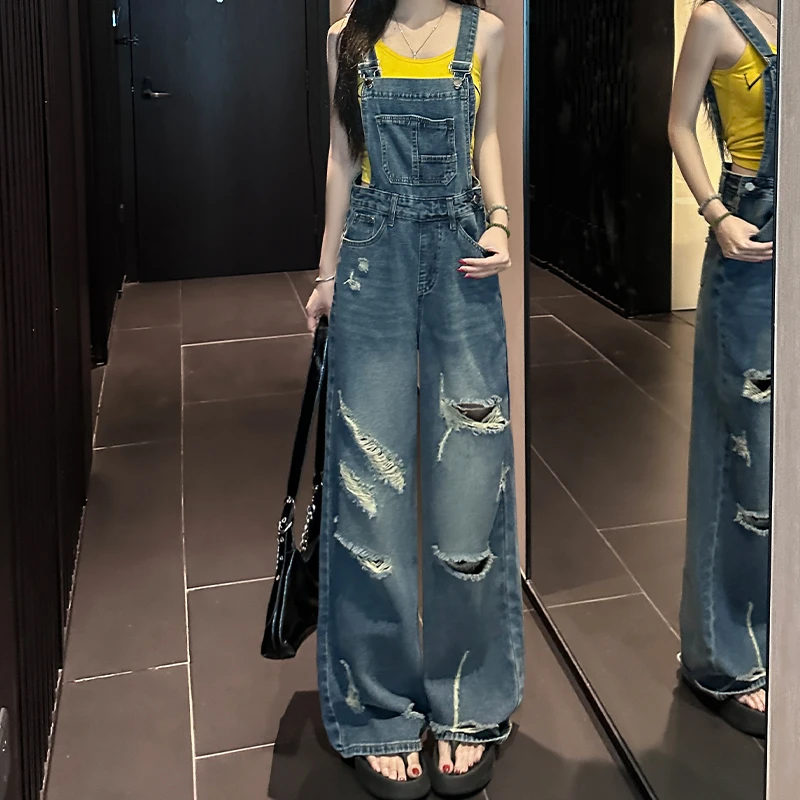 美式复古破洞牛仔背带裤女夏季新款设计感宽松休闲工装连体拖地裤