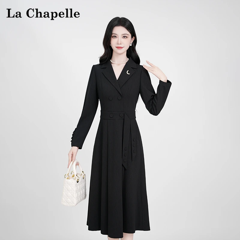【拉夏贝尔】法式气质设计感高腰时尚修身显瘦长袖连衣裙