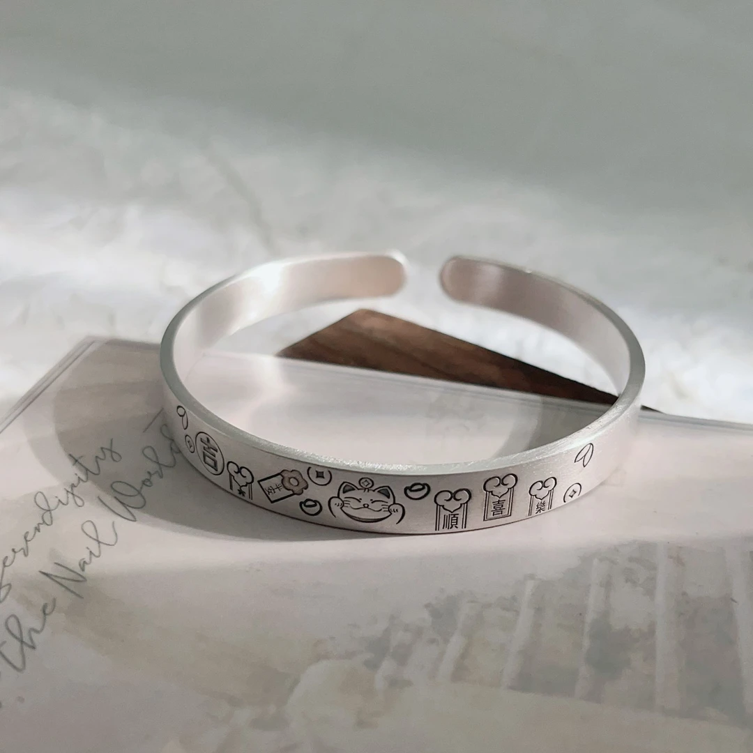 足银手镯 黔艺 足银9999招财猫新年顺遂银手镯简约经典风百搭款