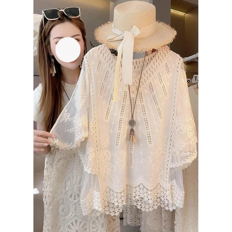 今年流行漂亮时尚洋气减龄上衣设计感小众白色蕾丝镂空衬衫女夏季