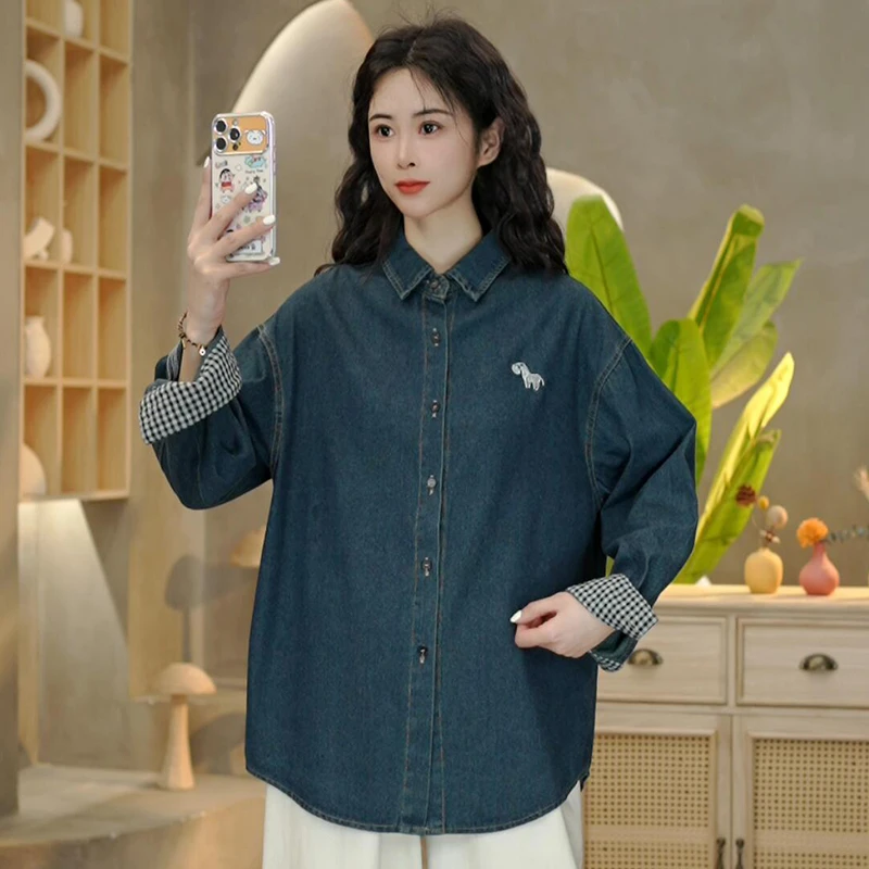8823通勤系扣宽松型衬衫袖衬衫复古休闲长袖小马牛仔外套