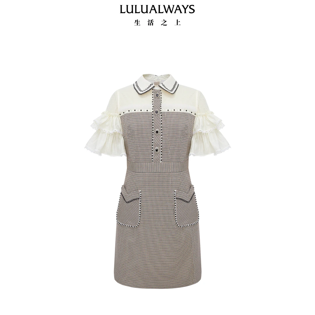 LULUALWAYS24春季时尚优雅格子拼接花边短袖连衣裙OPA5013
