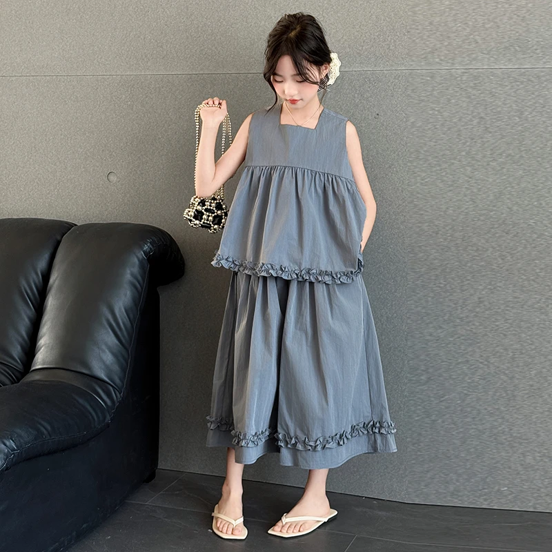 女童夏季时尚套装2025新款6-12岁15岁大童韩系时髦无袖背心阔腿裤