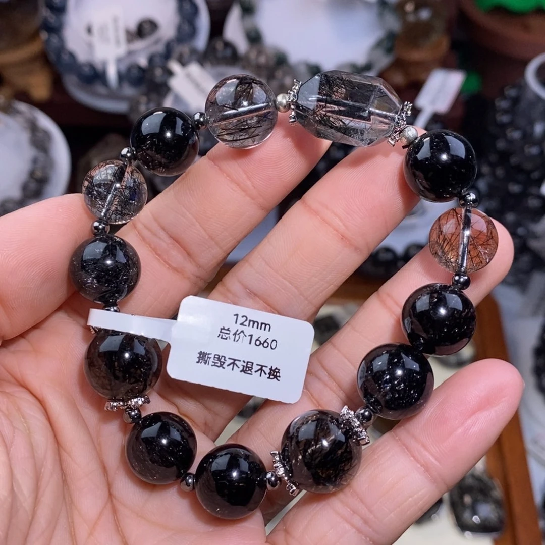 未镶嵌手链水晶黑发晶设计款12mm全透体满发蕾丝