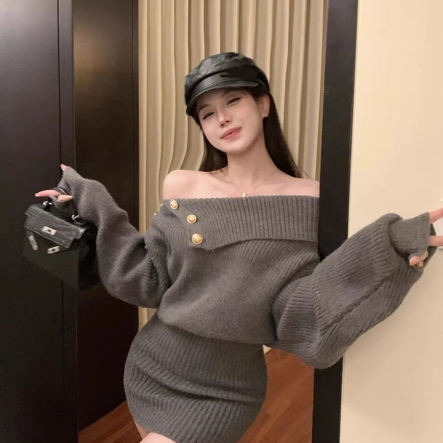 一字辣妹毛衣长袖连衣裙短裙女装2023针织秋冬裙子修身新款
