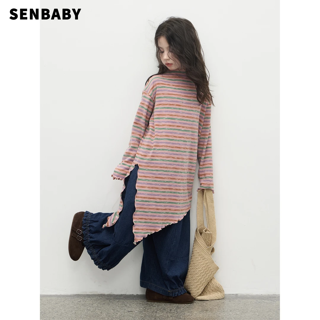 【现货亲子】senbaby女童条纹不规则休闲裙长袖木耳边半高领开衩T裙