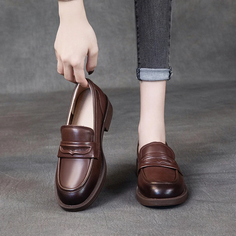 【56611X】春秋新款平底软底软面一脚蹬头层牛皮乐福鞋