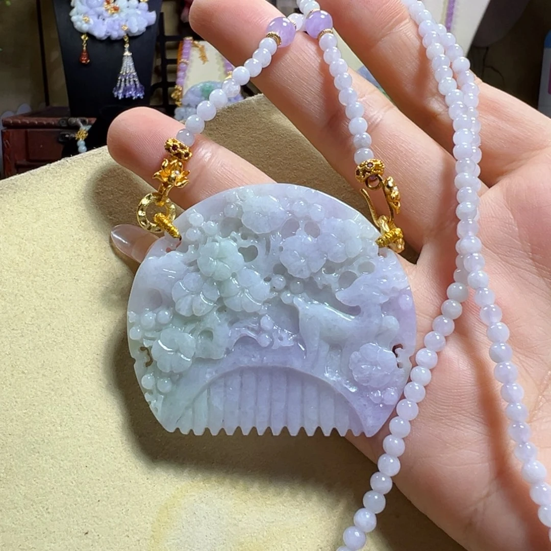 翡翠未镶嵌吊坠(赠链)紫翡一鹿生花