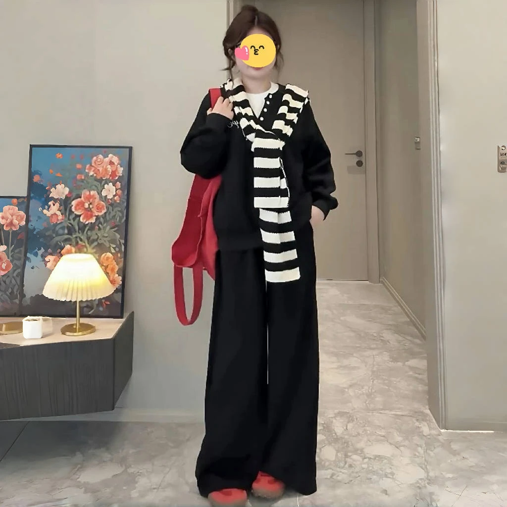 大码女装胖mm韩版休闲圆领卫衣+条纹披肩+休闲裤2025秋季显瘦套装