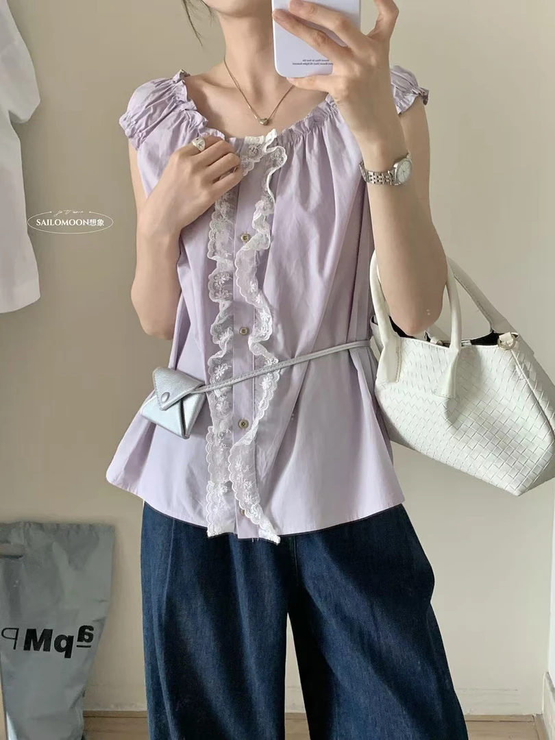 想象@51071 韩系小清新气质温柔花边背心小衫 6-19