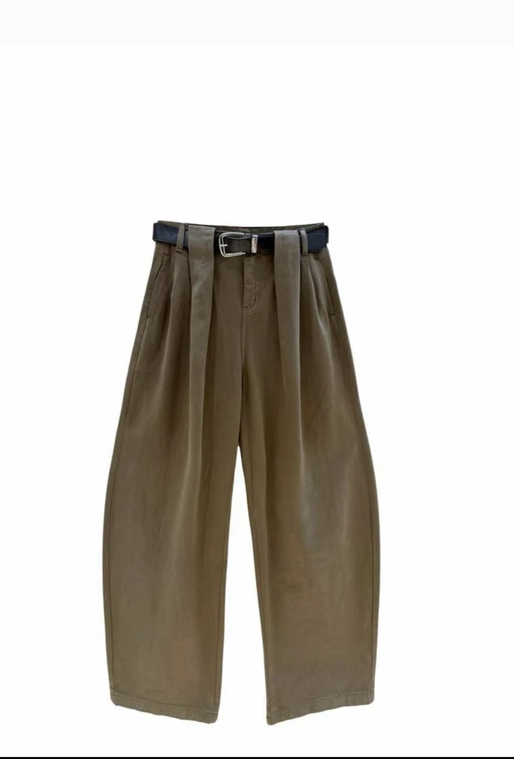 2025早秋新品褶皱纯色阔腿裤长裤腰带休闲设计款