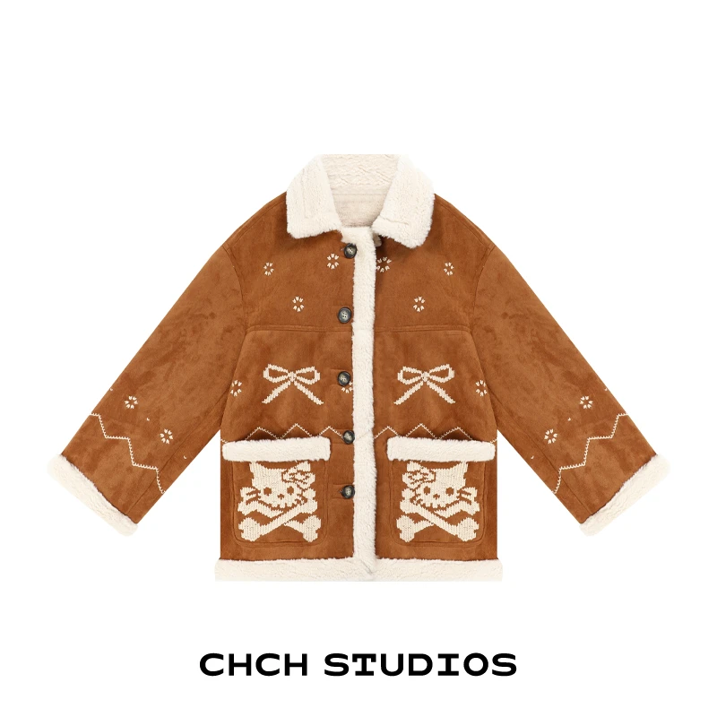 RAWT103690秋冬新款宽松皮毛一体保暖刺绣图案毛呢外套上衣女