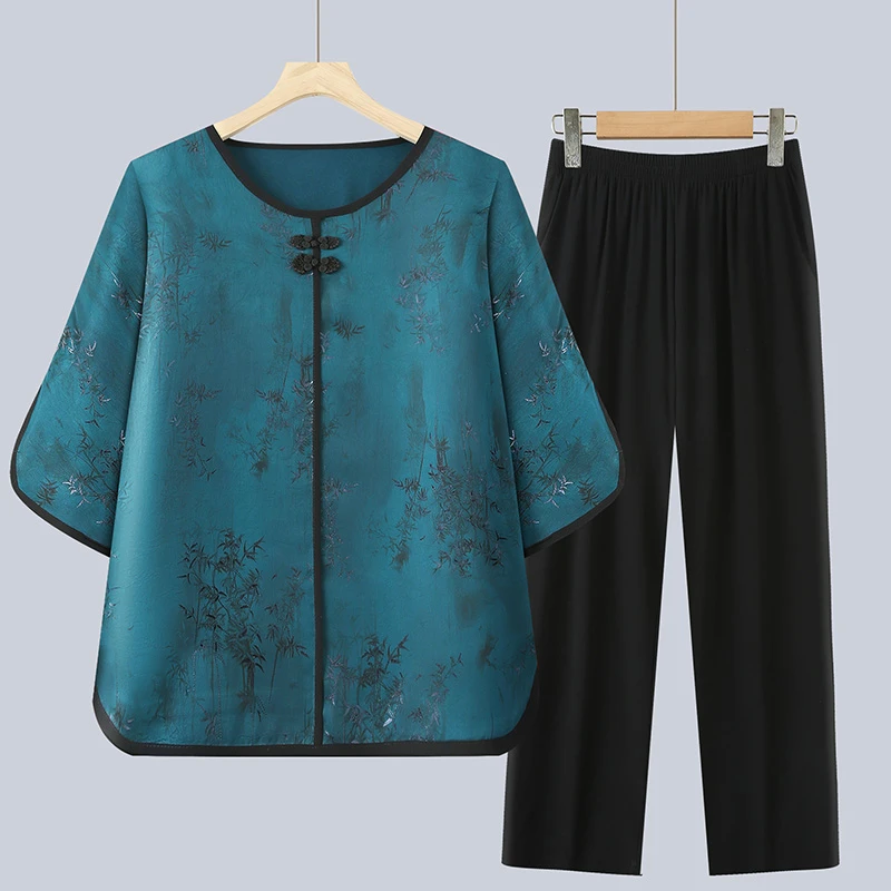 妈妈装夏装套装女中老年人圆领恤奶奶两件套老太太宽松大码衣服