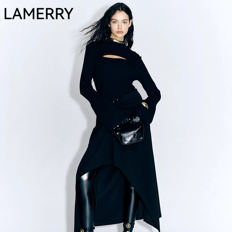lamerry/朗美睿黑色经典极夜连衣裙女不规则褶皱设计A摆LWFW1L108