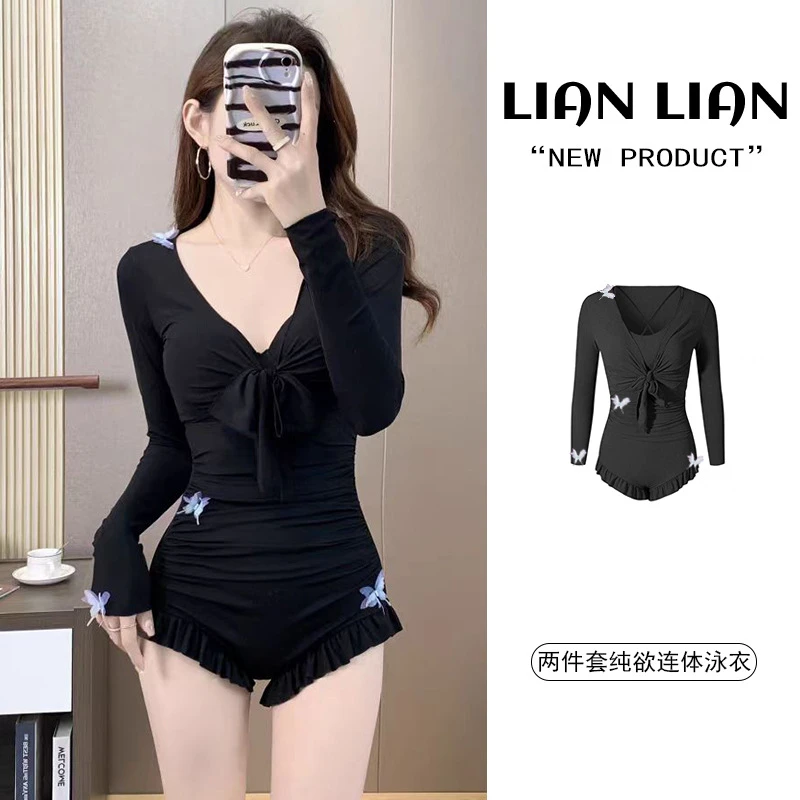泳衣女款连体两件套长袖纯色保守显瘦修身钢托聚拢泡温泉泳衣泳装