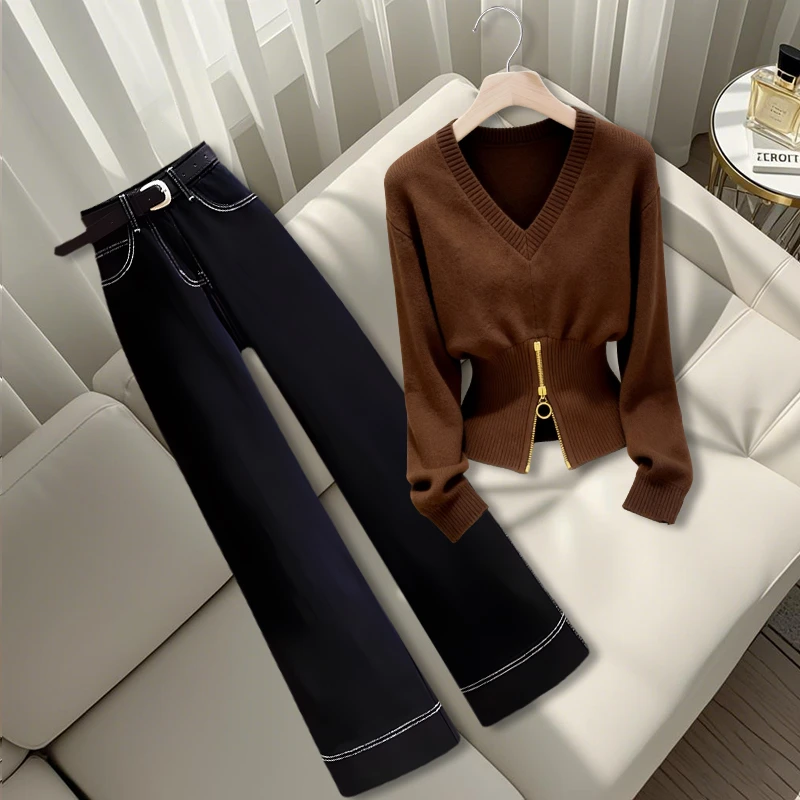 韩版简约休闲一整套2025冬季新款女洋气减龄针织衫高腰直筒裤套装