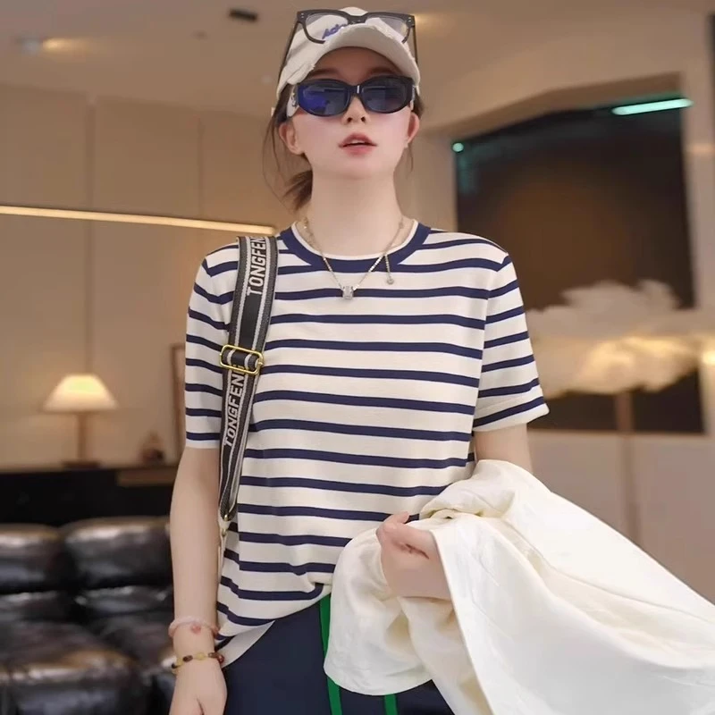 冰丝条纹短袖t恤女夏2025新款韩系时尚撞色体恤洋气显瘦百搭上衣