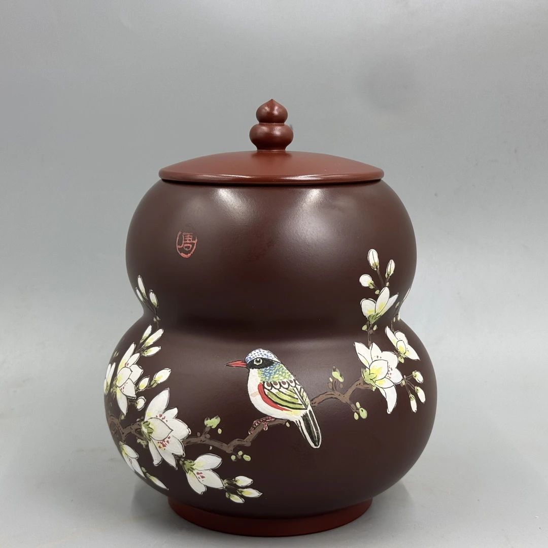 原矿段老紫泥花鸟纹紫砂茶叶罐