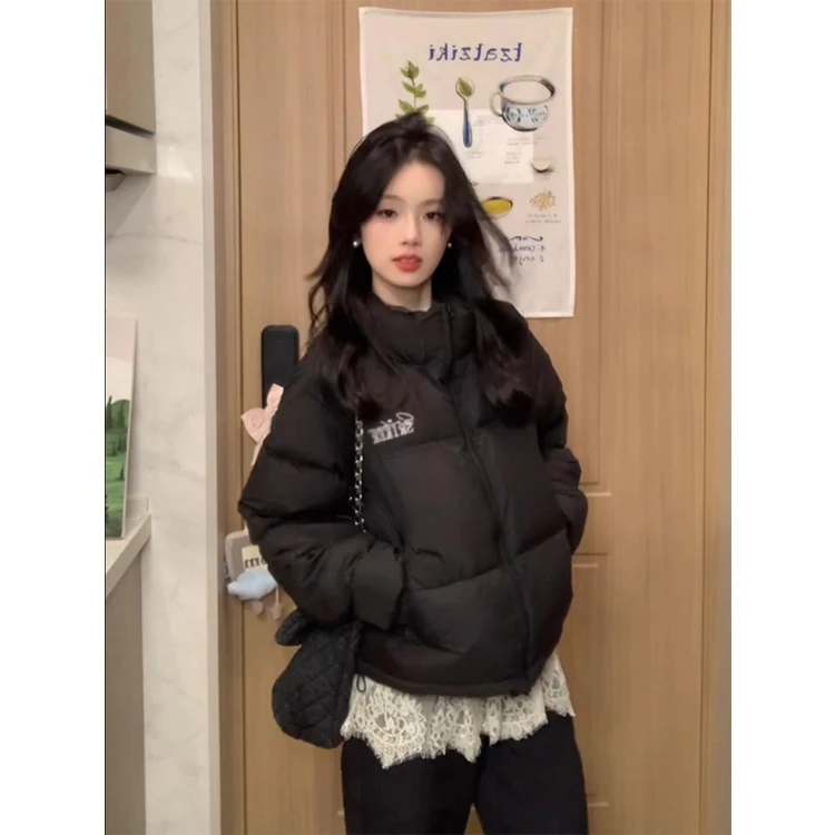 黑色立领短款棉服女冬季2025年韩系宽松加厚棉衣袄百搭面包服外套