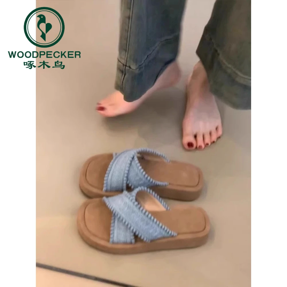 啄木鸟复古度假风编织交叉带厚底凉拖鞋女2025年温柔波西米亚拖鞋