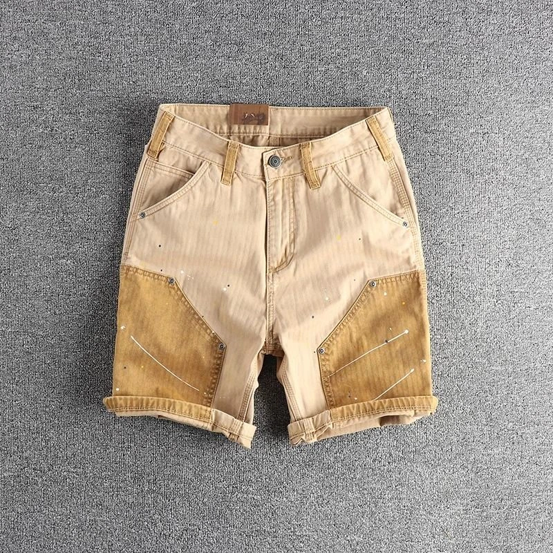 个性拼接休闲短裤男宽松直筒痞帅泼墨高街百搭水洗做旧半截五分裤
