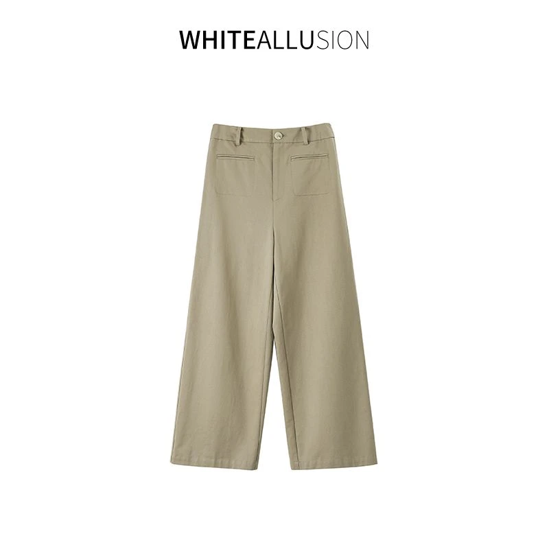 素典【高分理想裤】卡其色阔腿裤小个子窄版高腰设计感直筒裤4104